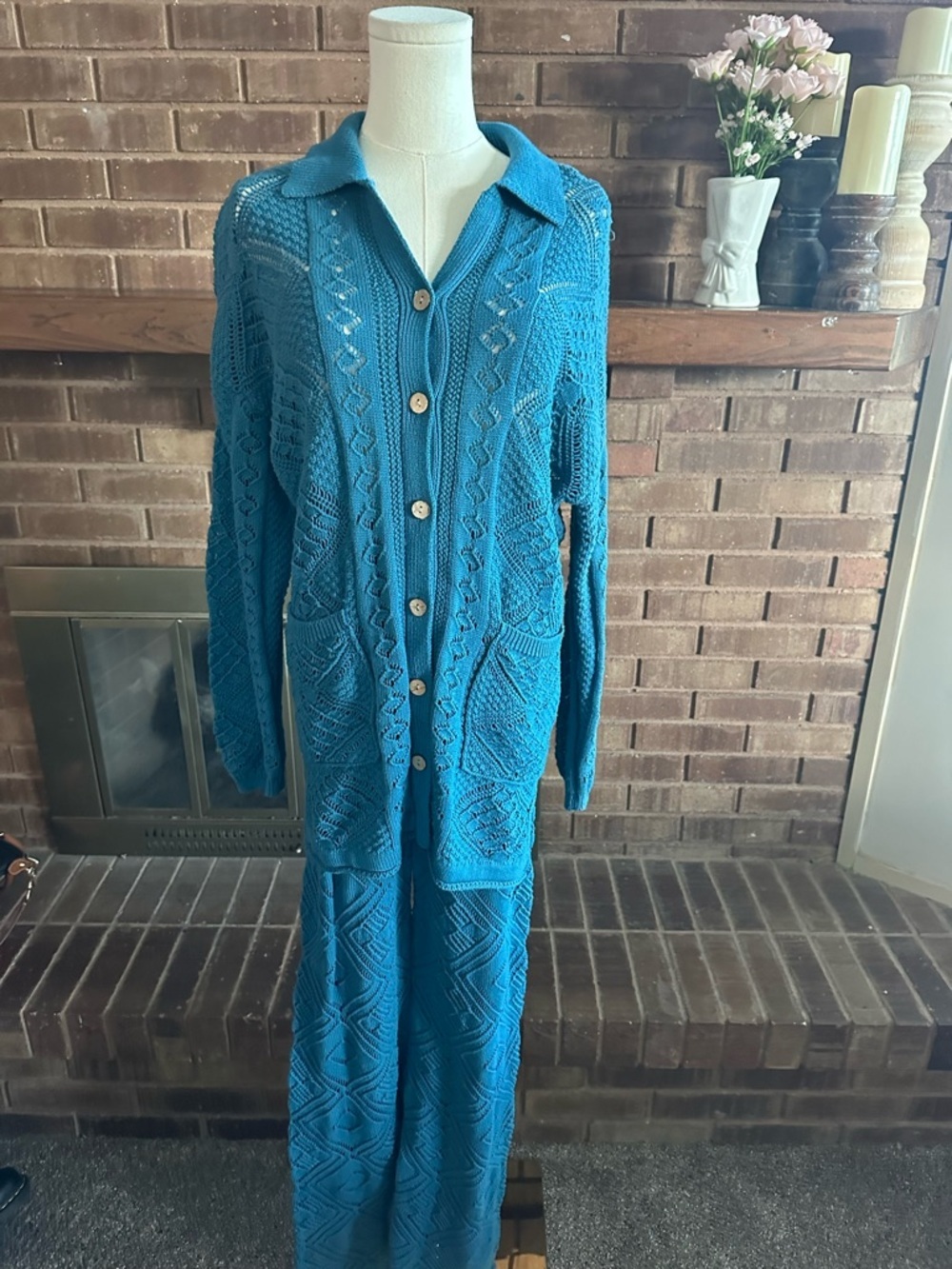 Free People Beach Get Away Fauxchet Cardigan Pant Set Blue Small